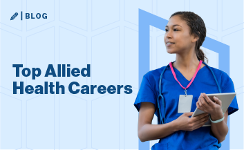 Image of woman in blue scrubs on blue background with text 